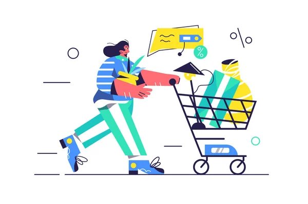 Chica joven va de compras en estilo plano — Vector de stock