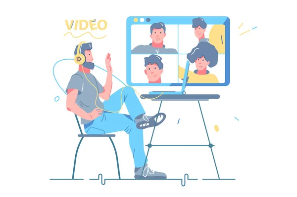 Hombre hablando con amigos vía videollamada — Vector de stock