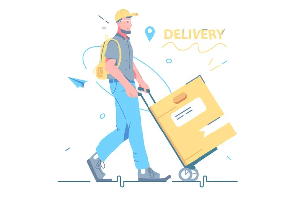 Male courier deliver cardboard box — Stock Vector