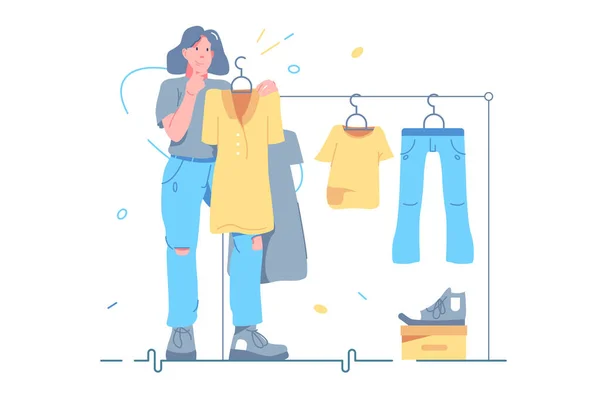 A lány ruhát választ a boltban — Stock Vector