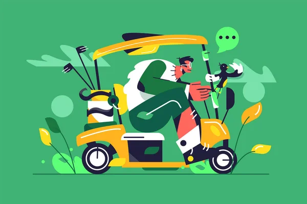 A guy with glasses and shorts rides a golf car — Stock Vector