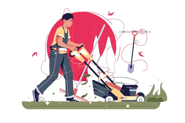 男性庭師芝刈り機と草を刈る — ストックベクタ