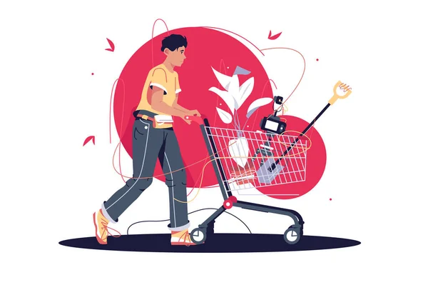 Guy avec chariot du magasin — Image vectorielle