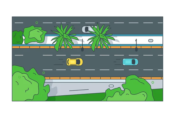 Şehir merkezine giden düz yolda arabalar var.
