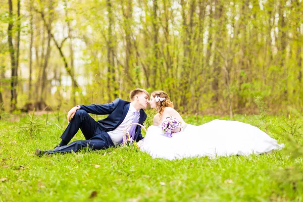 Bruiloft paar knuffelen en zoenen — Stockfoto