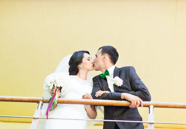 Романтичний щасливий красивий наречений цілує красиву білу сукню нареченої — стокове фото