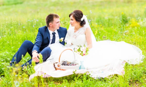 Sposa e sposo su un picnic — Foto Stock