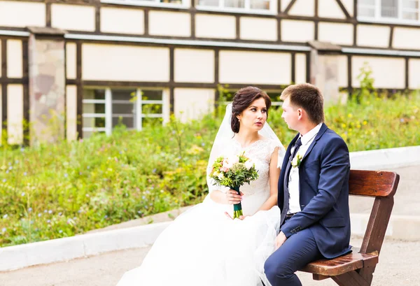 公園のベンチに座ってロマンチックな結婚式のカップル — ストック写真
