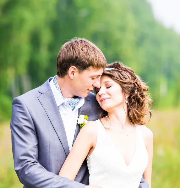 Schöne Braut und Bräutigam stehen im Gras und küssen sich. Hochzeitspaar — Stockfoto