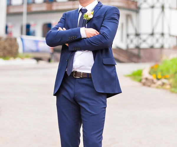 Portrait of the groom in the park on their wedding day.Rich groom on their wedding day — Stock Photo, Image