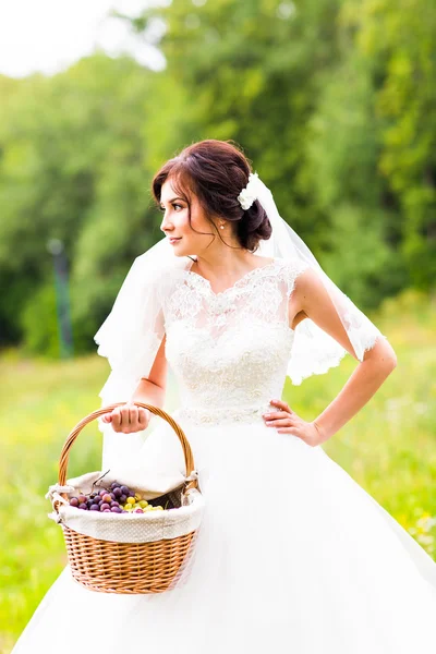 Noiva de beleza em vestido de noiva com cesta sobre a natureza. Menina modelo bonita em um vestido de noiva branco. Retrato feminino no parque. Mulher com penteado. Bonita senhora ao ar livre — Fotografia de Stock