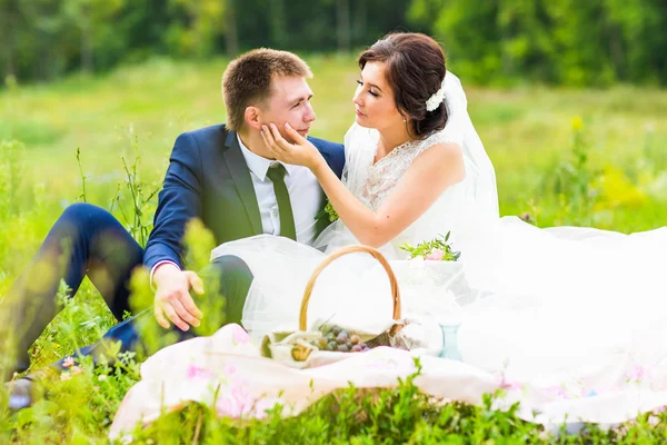 Braut und Bräutigam beim Picknick — Stockfoto