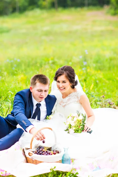 Bruden och brudgummen på picknick — Stockfoto