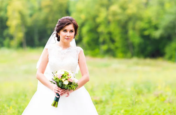 Noiva de beleza em vestido de noiva com buquê e véu de renda sobre a natureza. Menina modelo bonita em um vestido de noiva branco. Retrato feminino no parque. Mulher com penteado. Bonita senhora ao ar livre . — Fotografia de Stock