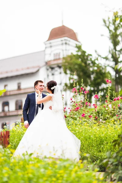 Huwelijk, mooie romantische bruid en bruidegom kussen en omhelzen. — Stockfoto