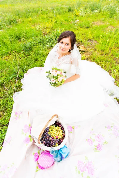 Наречена сидить на траві з великим кошиком з фруктами — стокове фото