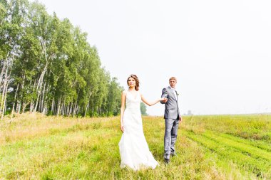 Young couple in love bride and groom posing in a field with yellow grass  in their wedding day in the summer
