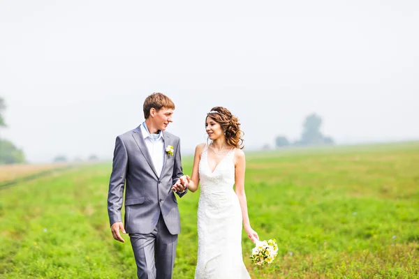 Casal de casamento jovem andando em campo — Fotografia de Stock