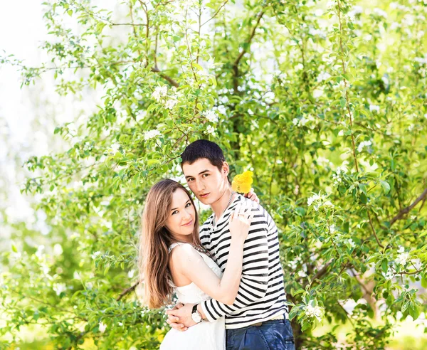 Romântico jovem casal de pé sob árvore de flores — Fotografia de Stock