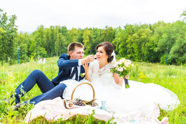 Bruid en bruidegom op picknick in een park — Stockfoto