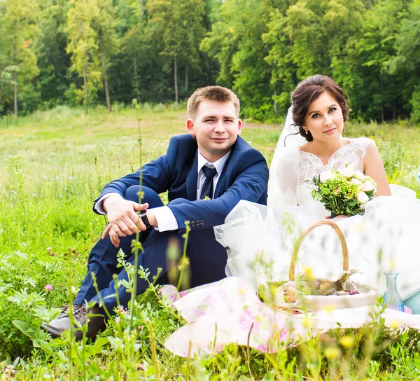 Sposa e sposo su pic-nic in un parco — Foto Stock