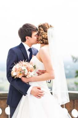 Düğün, güzel romantik gelin ve damat öpüşme