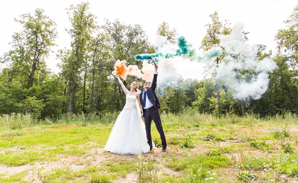 Wedding couple with color smoke in the summer park. — Stock Photo, Image
