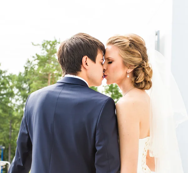 Casamento, bela noiva romântica e beijo de noivo — Fotografia de Stock