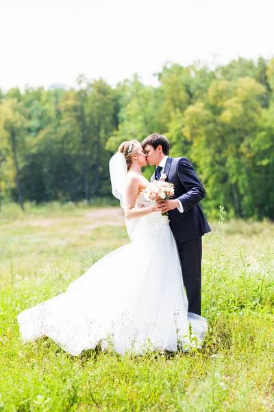 Casamento, bela noiva romântica e beijo de noivo — Fotografia de Stock