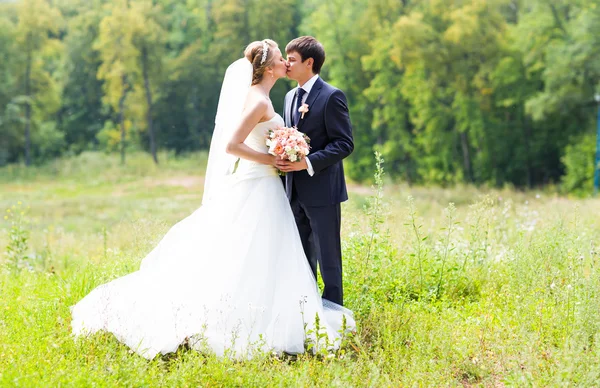 Casamento, bela noiva romântica e beijo de noivo — Fotografia de Stock