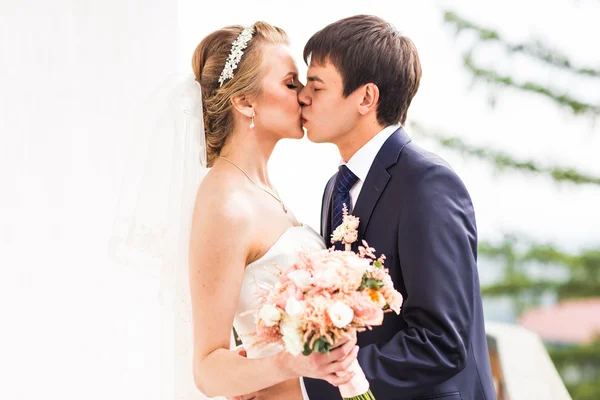 Γάμος, όμορφη και ρομαντική νύφη και γαμπρός φιλάει — Φωτογραφία Αρχείου