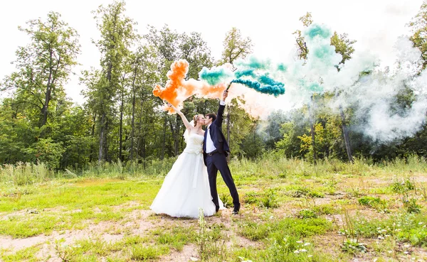 夏の公園で煙色の結婚式のカップル. — ストック写真