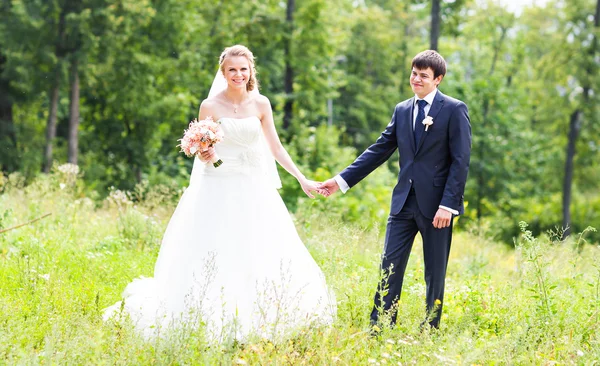 Noiva e noivo de mãos dadas ao ar livre — Fotografia de Stock