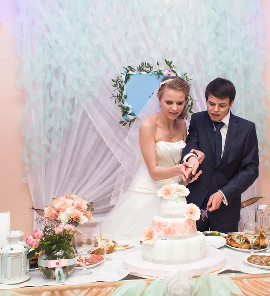 Šťastný, nevěsta a ženich je snížení jejich svatební dort — Stock fotografie