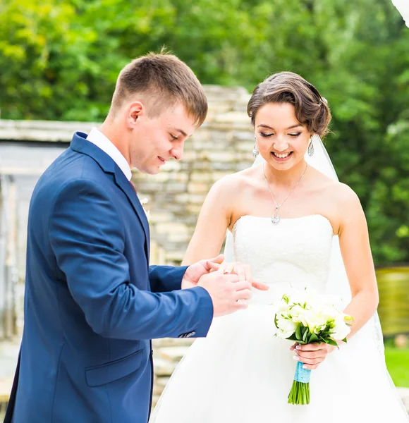 Novio y novia lleva un anillo en el dedo, ceremonia de boda. Oro, símbolo, religión, amor . — Foto de Stock
