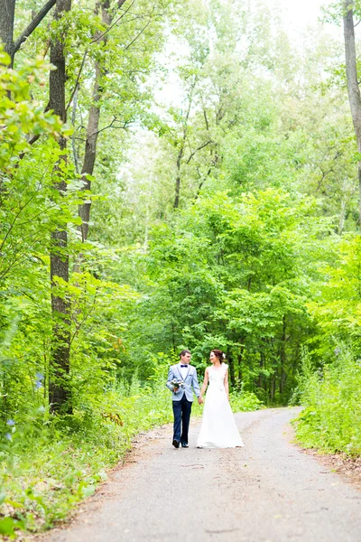 Sposo e sposo al matrimonio Giorno camminando all'aperto sulla natura primaverile. Happy Newlywed abbraccia nel parco verde . — Foto Stock