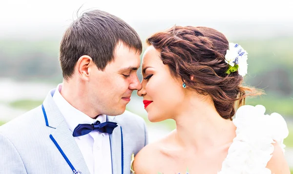 Свадебная пара обнимает и целует — стоковое фото