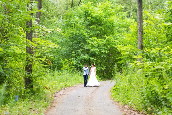 Sposo e sposo al matrimonio Giorno camminando all'aperto sulla natura primaverile. Happy Newlywed abbraccia nel parco verde . — Foto Stock