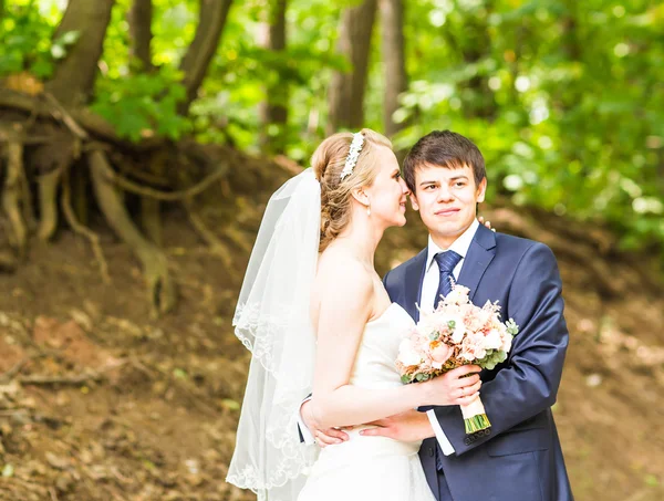 Casamento, bela noiva romântica e noivo Abraçando — Fotografia de Stock