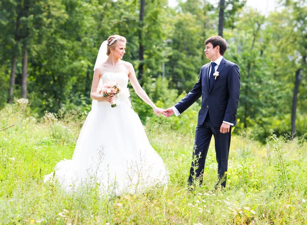 Brud- och brudgummen håller händerna utomhus — Stockfoto