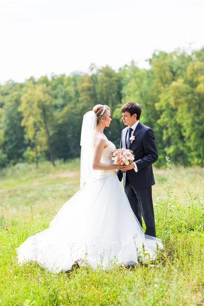 Esküvői, gyönyörű romantikus pillanat a menyasszony és a vőlegény — Stock Fotó