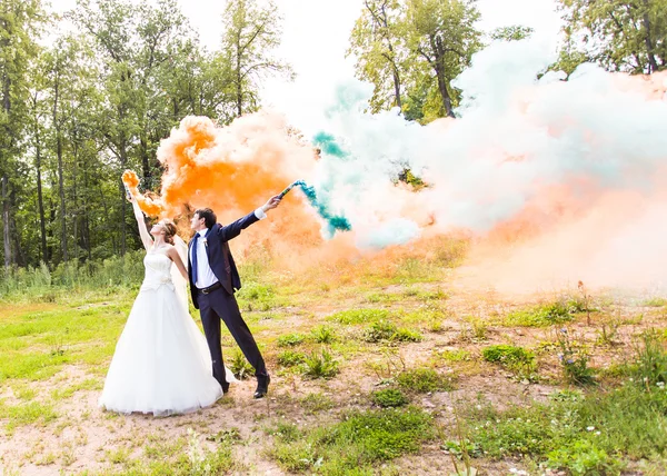 夏の公園で煙色の結婚式のカップル. — ストック写真