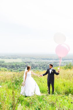 damat ve gelin balonları yeşil alan üzerinde