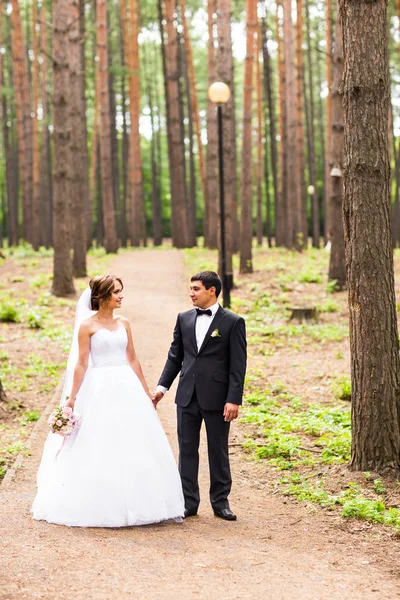 Brudgummen och bruden i en park. Bröllopssvit Bröllop bukett blommor — Stockfoto