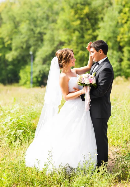 Unga bröllop par njuter av romantiska stunder utanför på en Sommaräng — Stockfoto