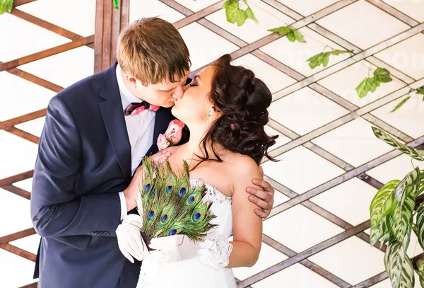 Casamento casal beijando, noiva segurando fã de penas de pavão, o noivo abraçando-a — Fotografia de Stock