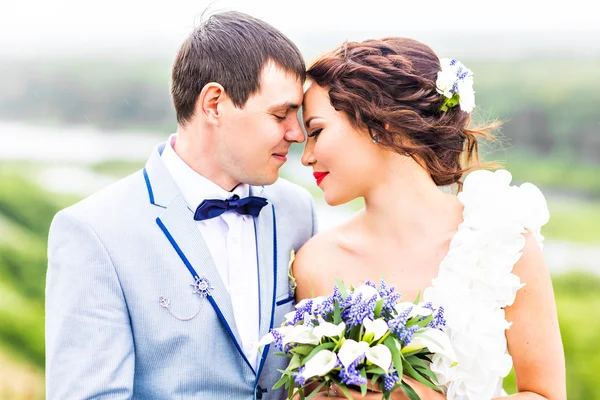 Wedding pair hugging and kissing — Stock Photo, Image