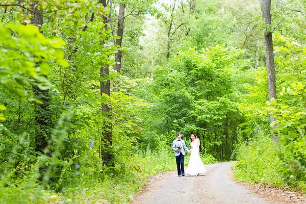 Noiva e noivo no dia do casamento andando ao ar livre na natureza de primavera. Feliz recém-casado abraçando no parque verde . — Fotografia de Stock