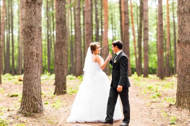 Gelin ve damat dans doğada. Düğün dansı açık havada