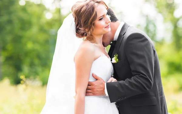 Joven pareja de boda disfrutando de momentos románticos fuera en un prado de verano — Foto de Stock